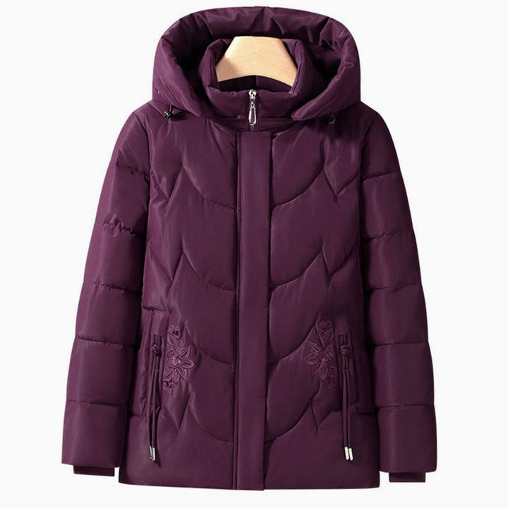 Damen Steppjacke mit Kapuze Blumenstickerei Winterjacke tailliert