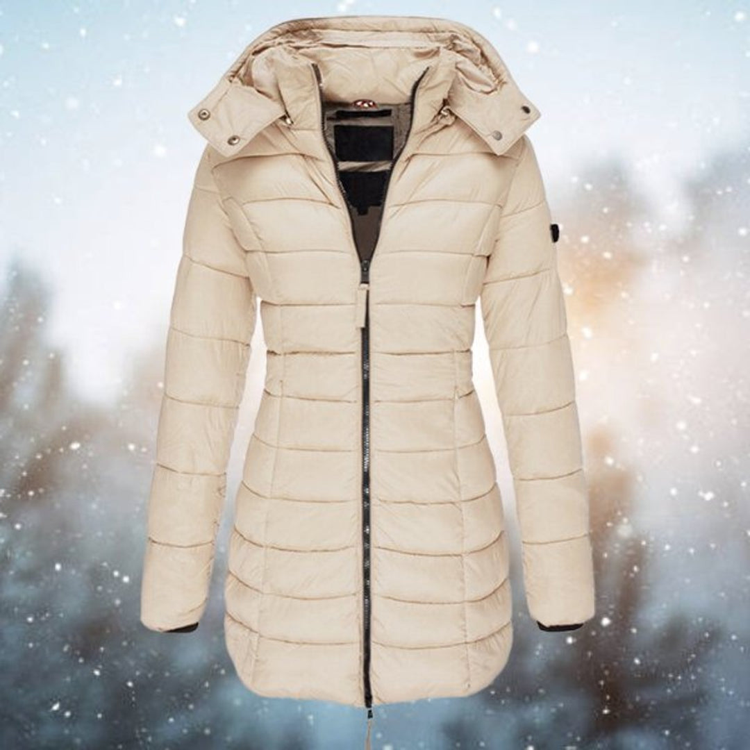 Damen Steppjacke mit Kapuze tailliert warm gefüttert - Khaki