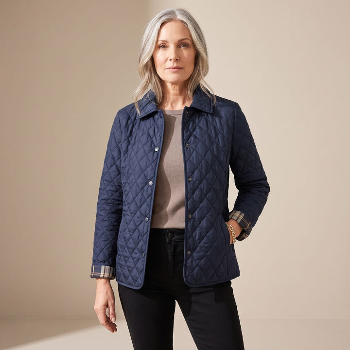 Damen Steppjacke mit Knopfleiste leichte taillierte Übergangsjacke - Marineblau