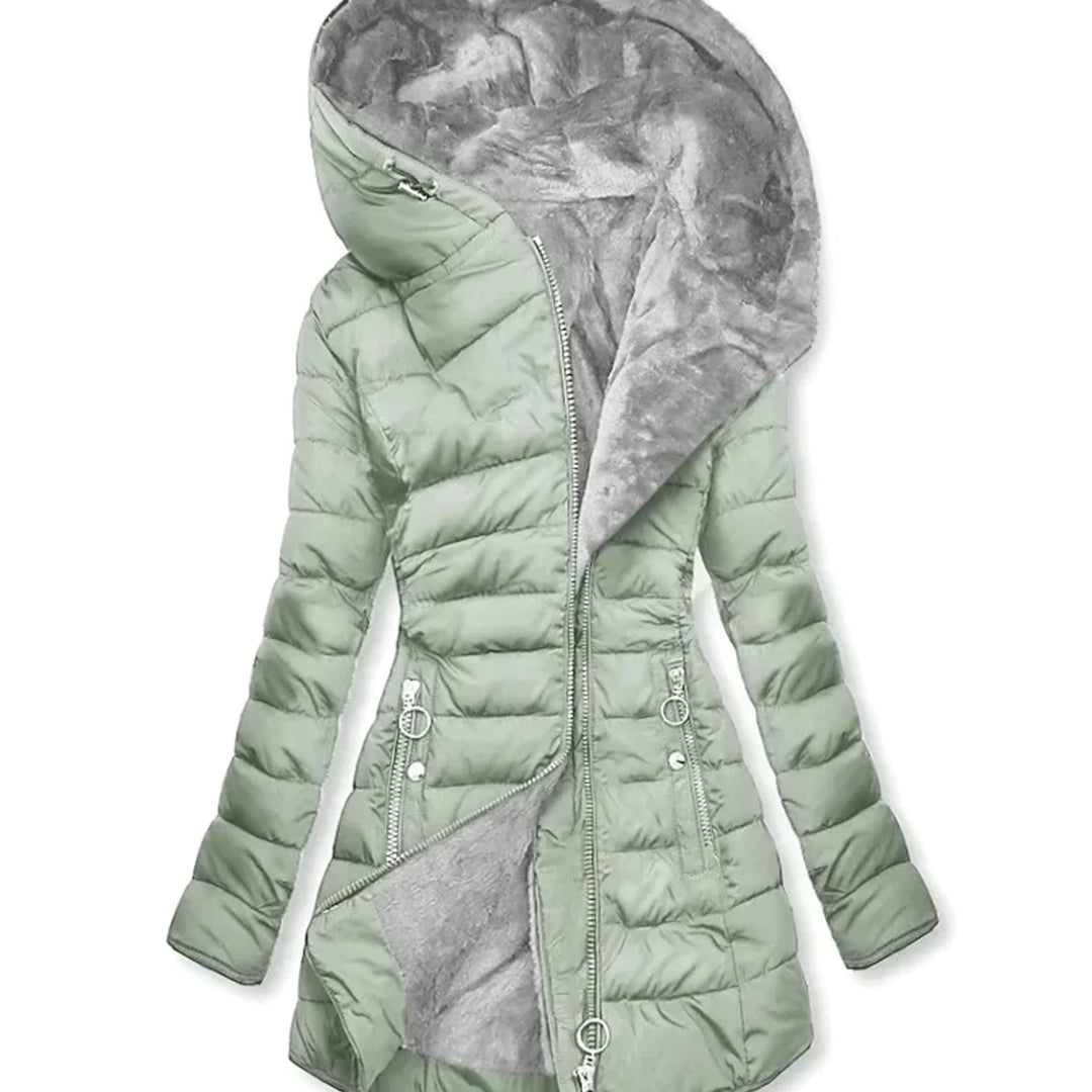 Damen Steppjacke mit Kunstfell-Kapuze gefütterte Winterjacke