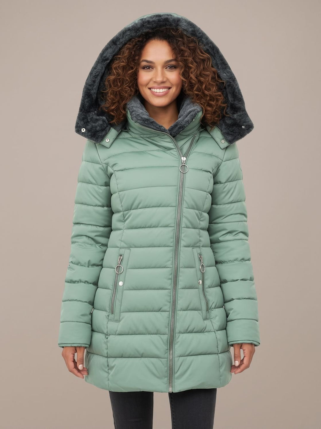 Damen Steppjacke mit Kunstfell-Kapuze gefütterte Winterjacke - Hellgrün