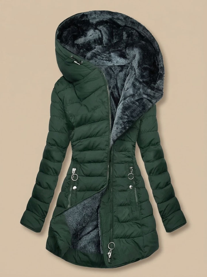 Damen Steppjacke mit Kunstfell-Kapuze gefütterte Winterjacke