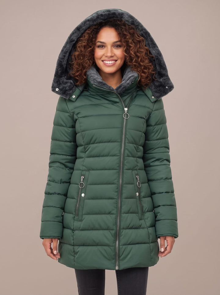 Damen Steppjacke mit Kunstfell-Kapuze gefütterte Winterjacke - Dunkelgrün