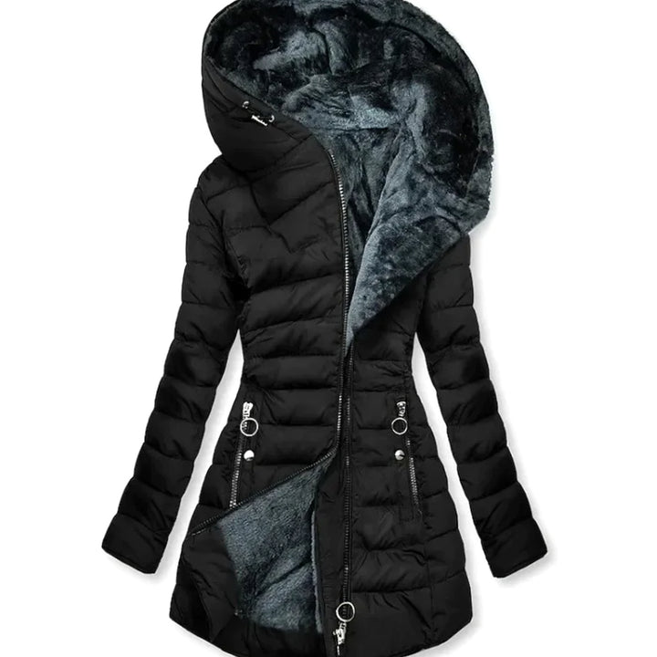 Damen Steppjacke mit Kunstfell-Kapuze gefütterte Winterjacke