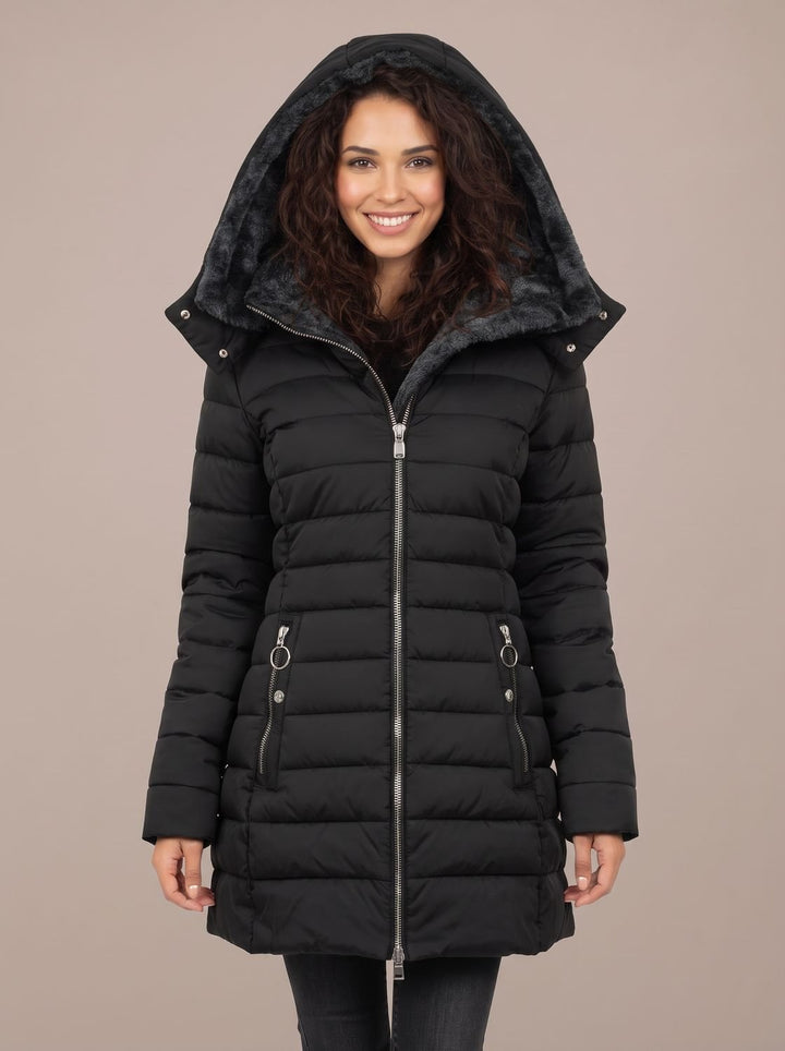 Damen Steppjacke mit Kunstfell-Kapuze gefütterte Winterjacke - Schwarz