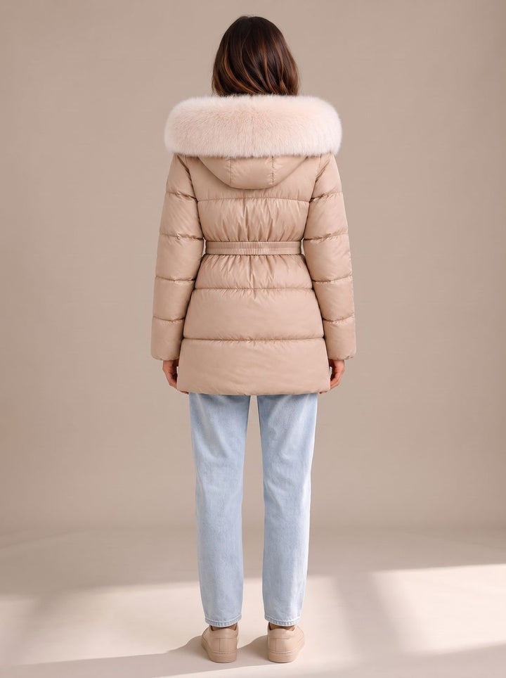 Damen Steppjacke mit Kunstfell-Kapuze Taillengürtel Reißverschluss
