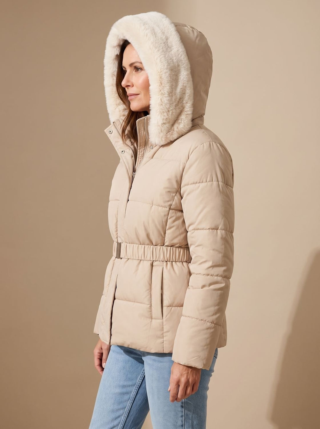 Damen Steppjacke mit Kunstfell-Kapuze Taillengürtel Reißverschluss
