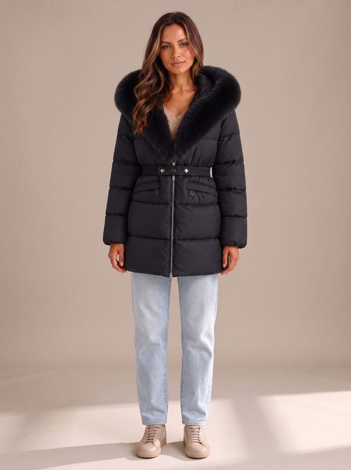 Damen Steppjacke mit Kunstfell-Kapuze Taillengürtel Reißverschluss - Schwarz