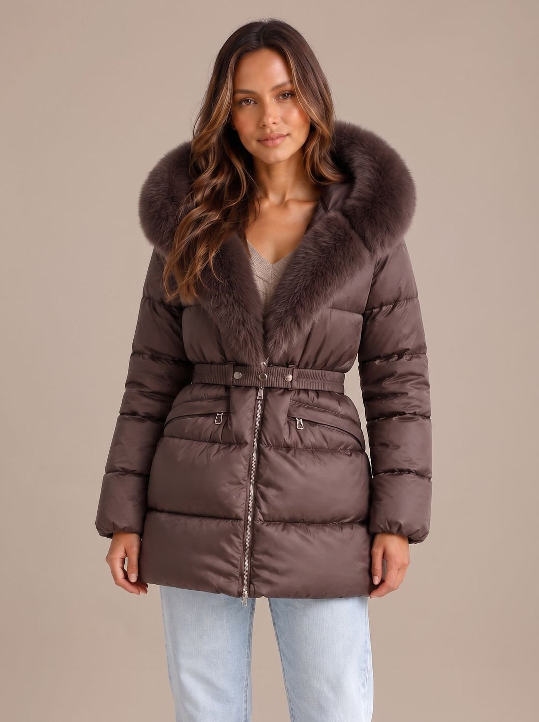 Damen Steppjacke mit Kunstfell-Kapuze Taillengürtel Reißverschluss - Braun