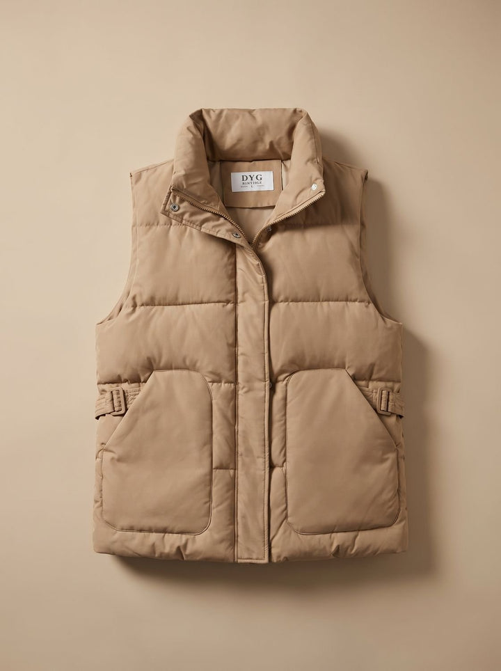 Damen Steppweste Bodywarmer mit hohem Stehkragen und Pattentaschen - Khaki
