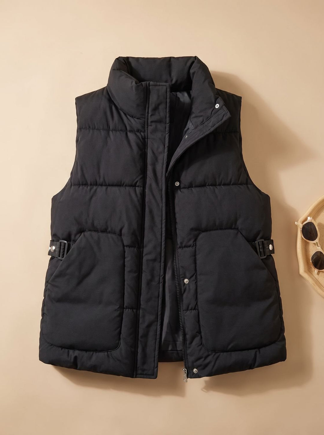 Damen Steppweste Bodywarmer mit hohem Stehkragen und Pattentaschen - Schwarz