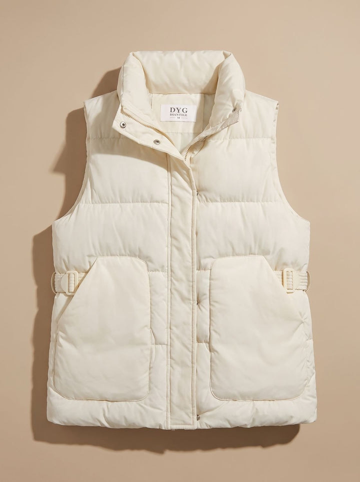 Damen Steppweste Bodywarmer mit hohem Stehkragen und Pattentaschen - Offwhite