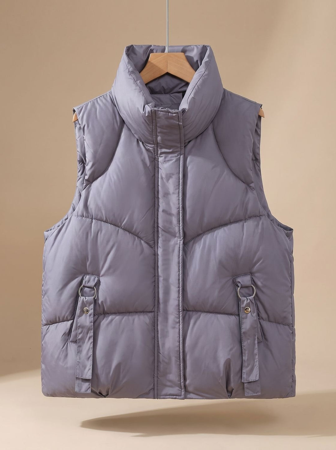 Damen Steppweste Bodywarmer mit hohem Stehkragen und Zierriemen - Violett