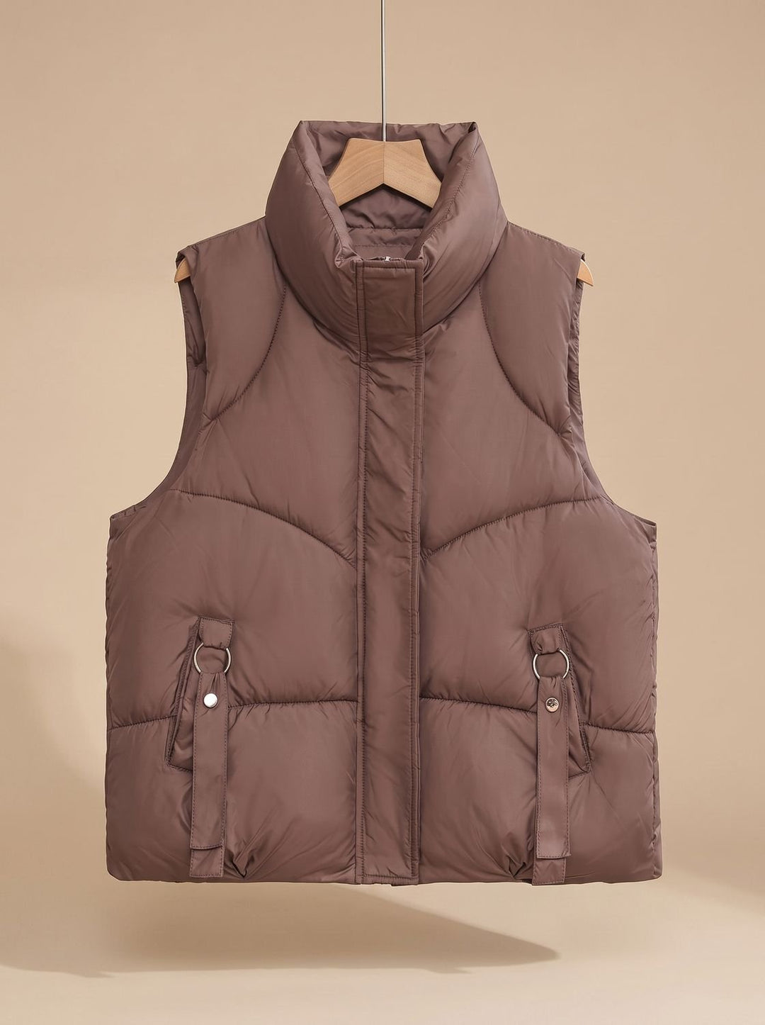 Damen Steppweste Bodywarmer mit hohem Stehkragen und Zierriemen - Braun