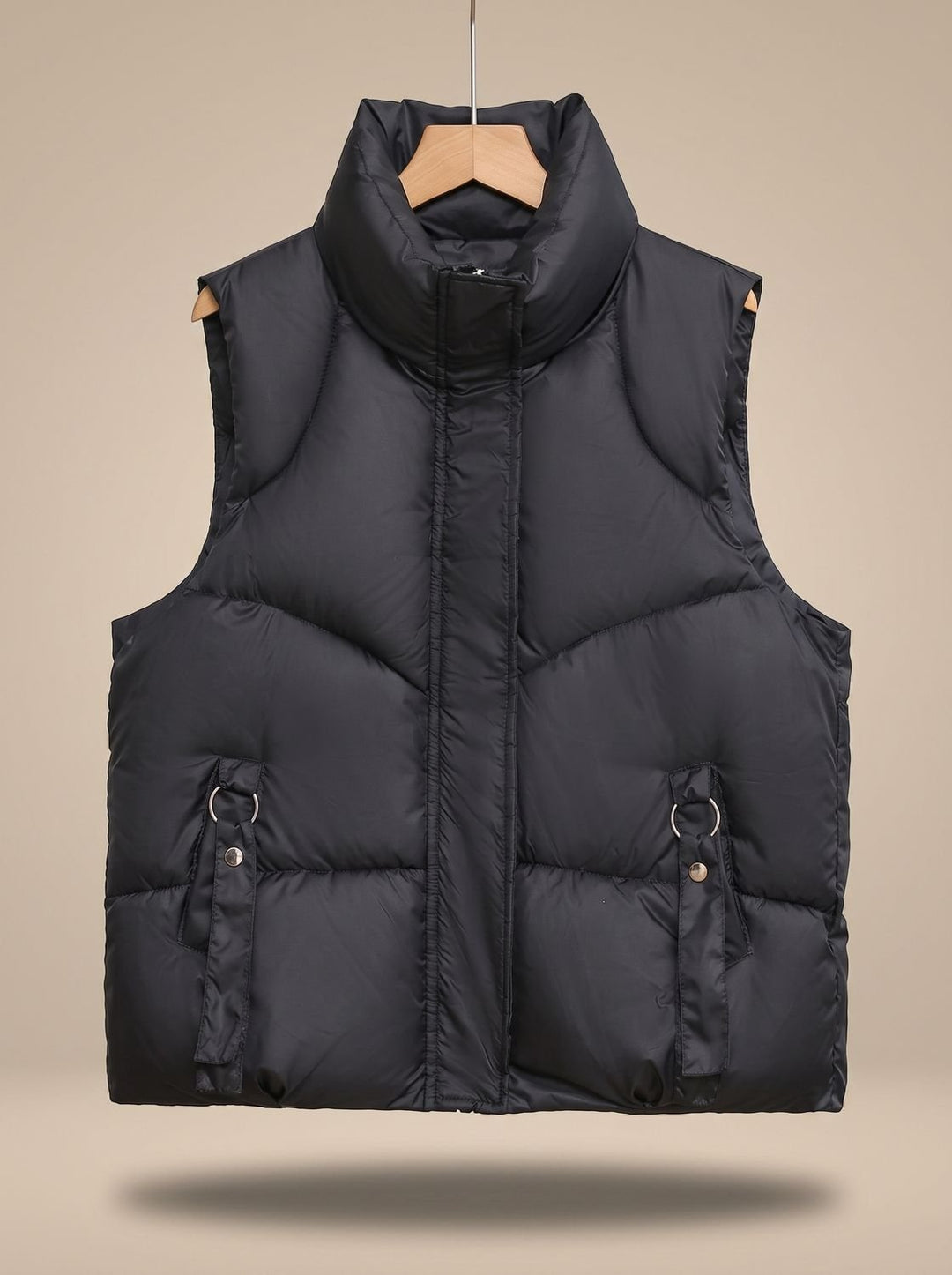 Damen Steppweste Bodywarmer mit hohem Stehkragen und Zierriemen - Schwarz