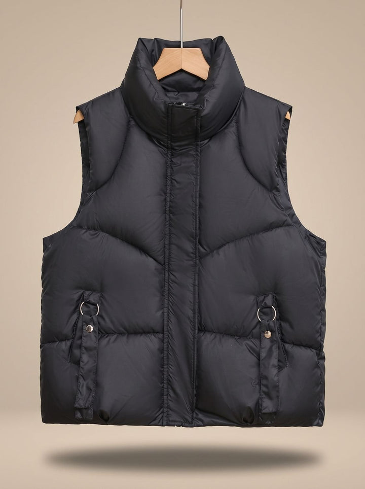 Damen Steppweste Bodywarmer mit hohem Stehkragen und Zierriemen - Schwarz