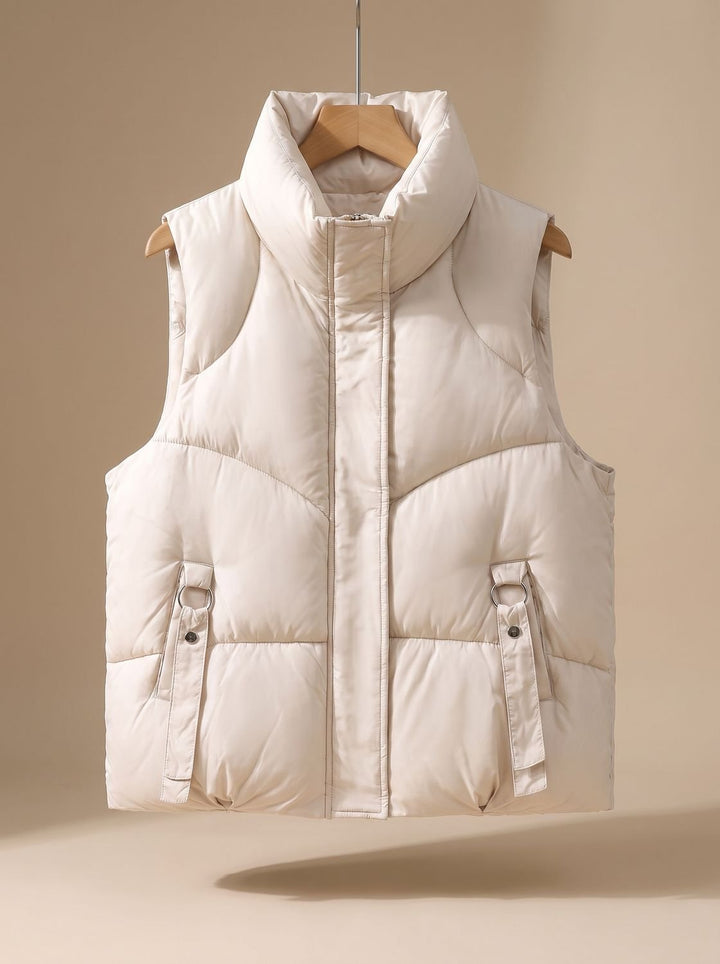 Damen Steppweste Bodywarmer mit hohem Stehkragen und Zierriemen - Milchtee