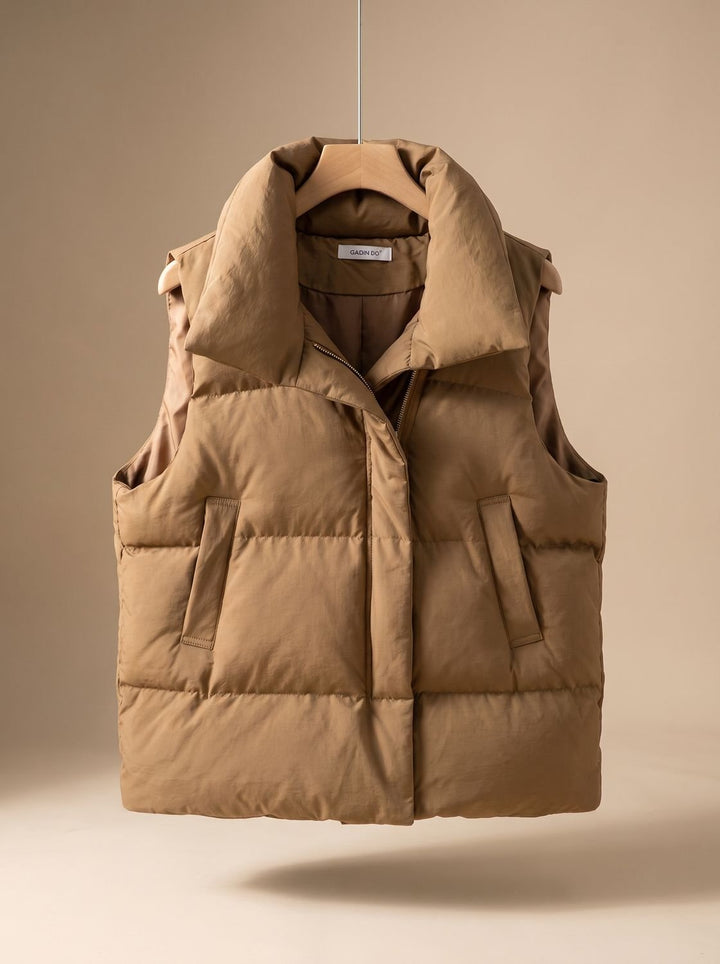 Damen Steppweste Bodywarmer mit Schalkragen Zweiwege-Reißverschluss Boxy-Schnitt - Khaki