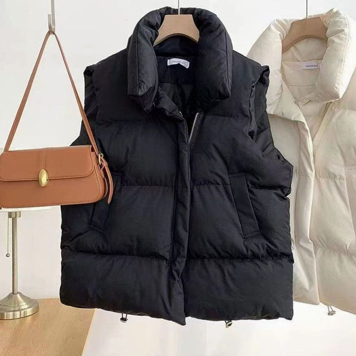 Damen Steppweste Bodywarmer mit Schalkragen Zweiwege-Reißverschluss Boxy-Schnitt - Schwarz