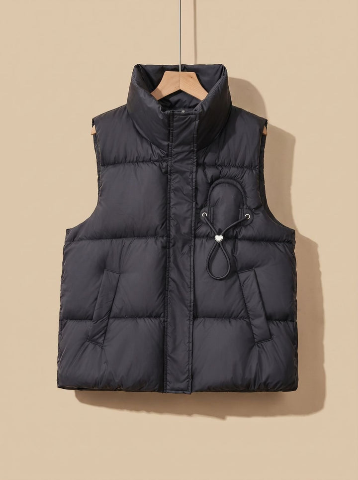 Damen Steppweste Bodywarmer mit Stehkragen und Kordel-Herzdetail - Schwarz