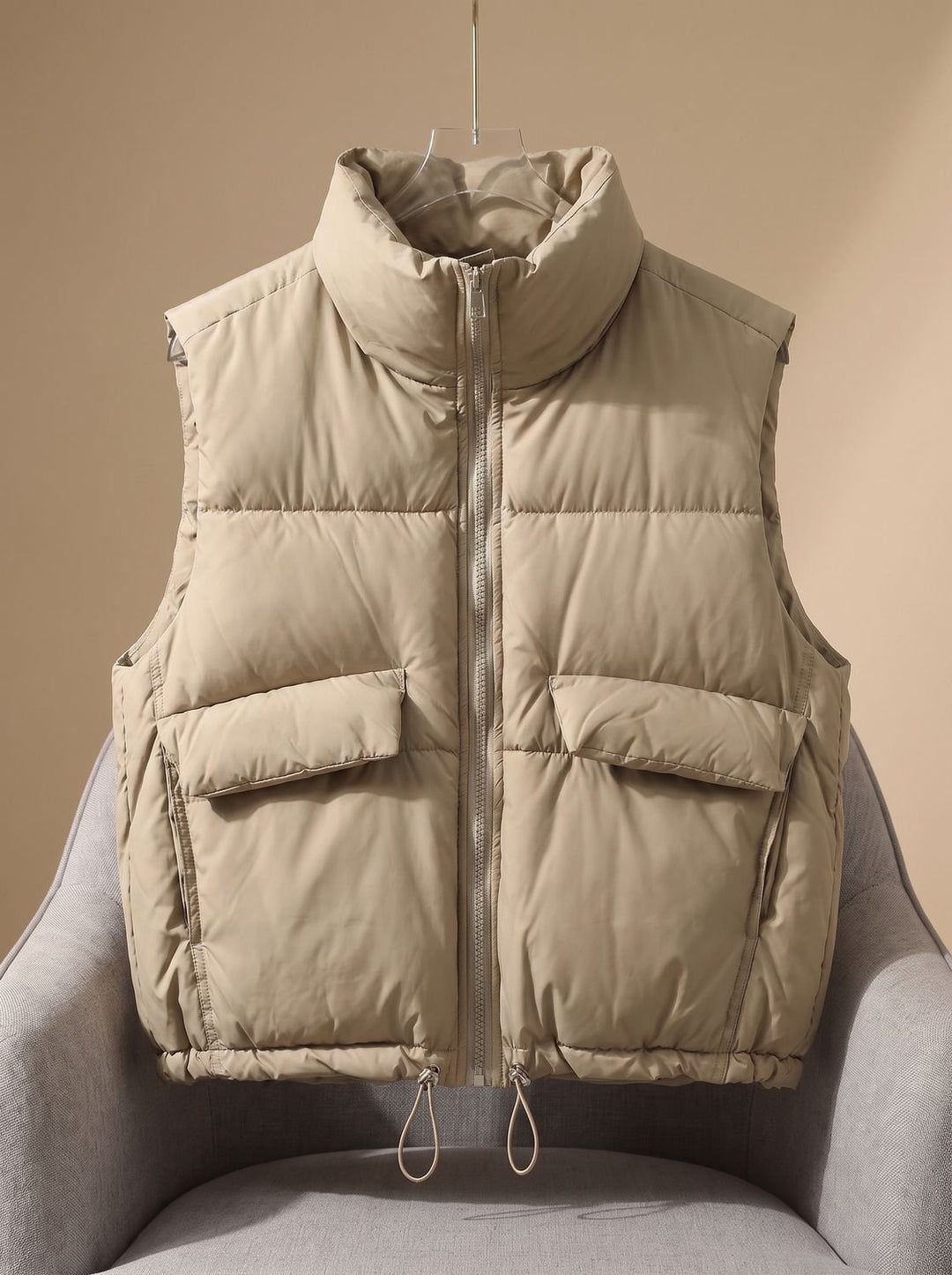 Damen Steppweste Bodywarmer mit Stehkragen und Kordelzugsaum - Khaki