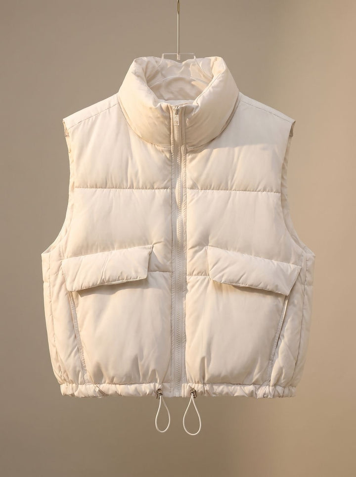 Damen Steppweste Bodywarmer mit Stehkragen und Kordelzugsaum - Cremeweiß
