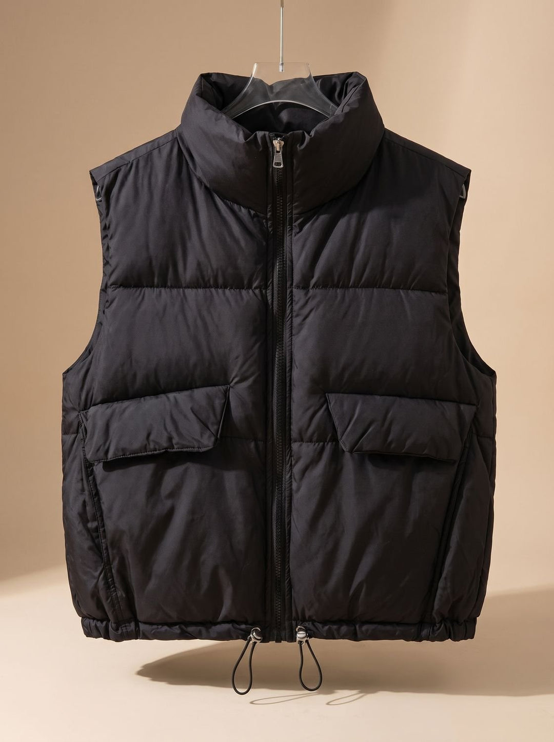 Damen Steppweste Bodywarmer mit Stehkragen und Kordelzugsaum - Schwarz