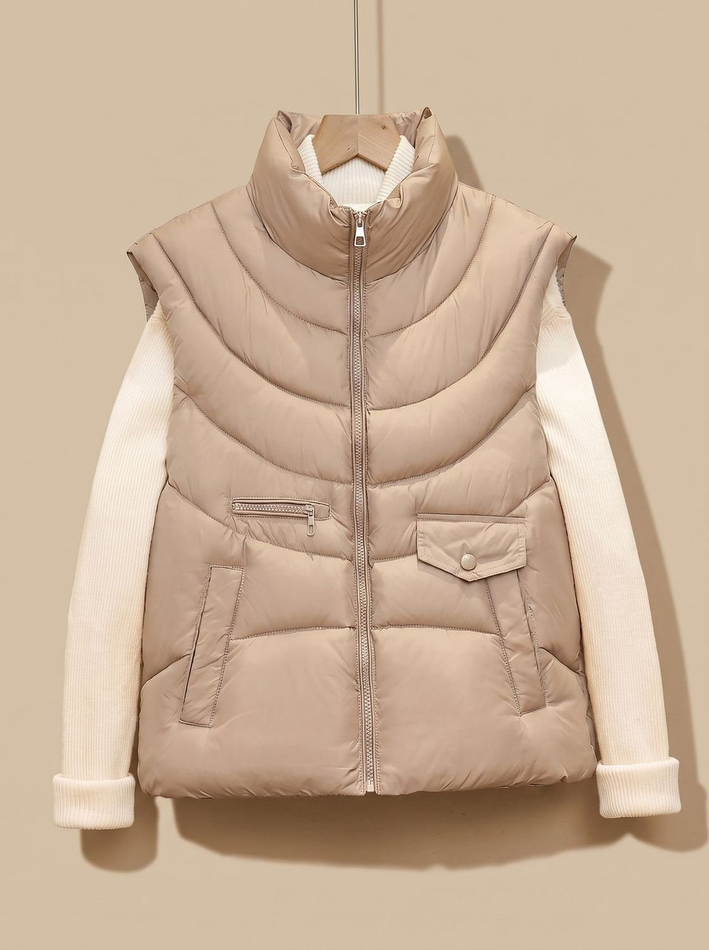 Damen Steppweste Bodywarmer mit Stehkragen und Multifunktionstaschen - Khaki