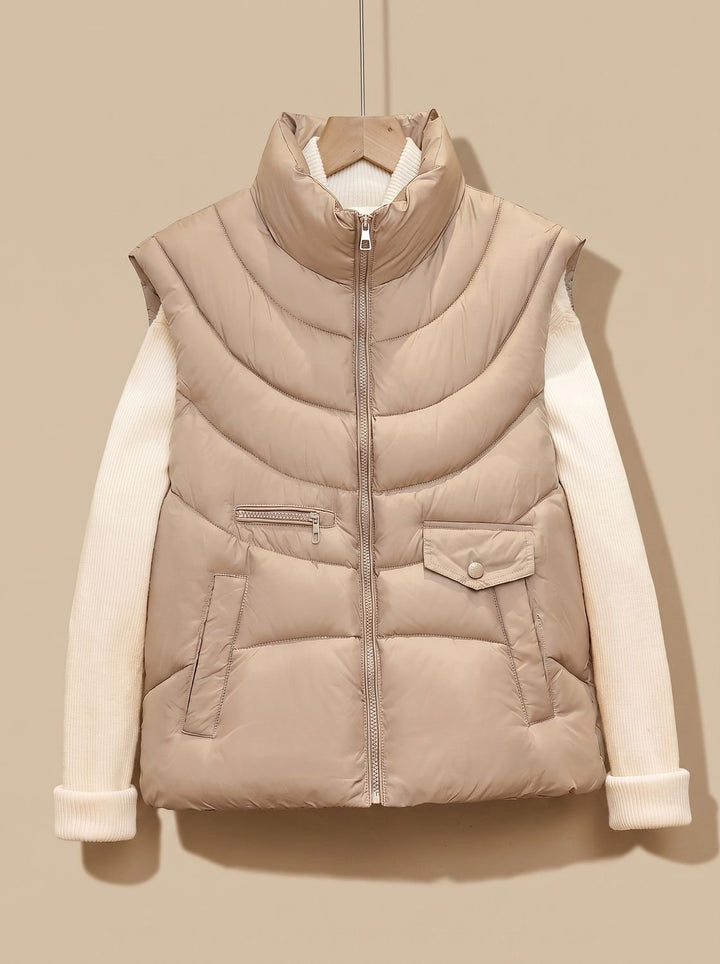 Damen Steppweste Bodywarmer mit Stehkragen und Multifunktionstaschen - Khaki