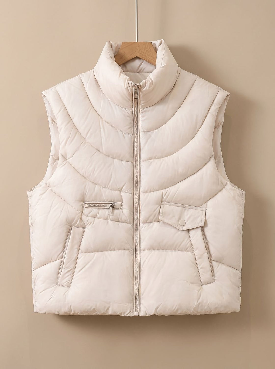 Damen Steppweste Bodywarmer mit Stehkragen und Multifunktionstaschen - Milchtee