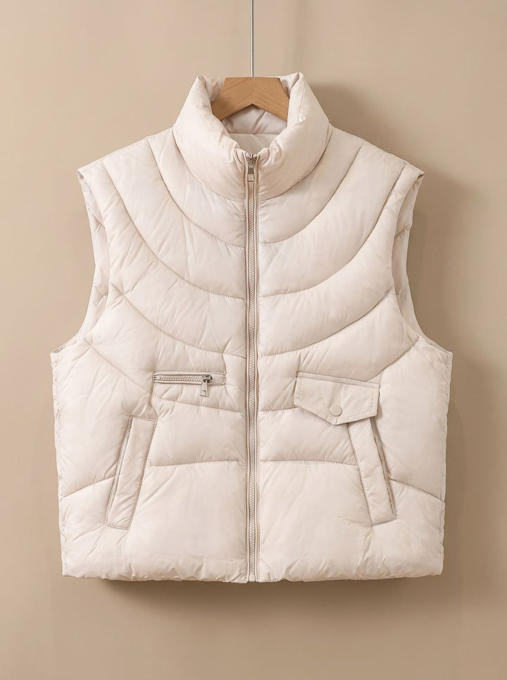 Damen Steppweste Bodywarmer mit Stehkragen und Multifunktionstaschen - Milchtee