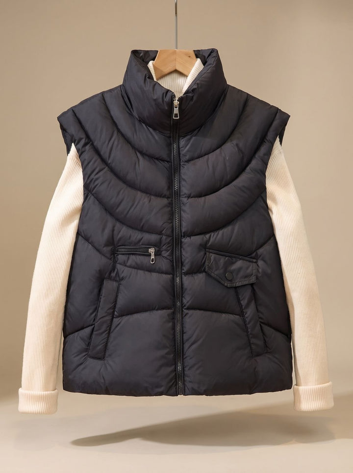 Damen Steppweste Bodywarmer mit Stehkragen und Multifunktionstaschen - Schwarz