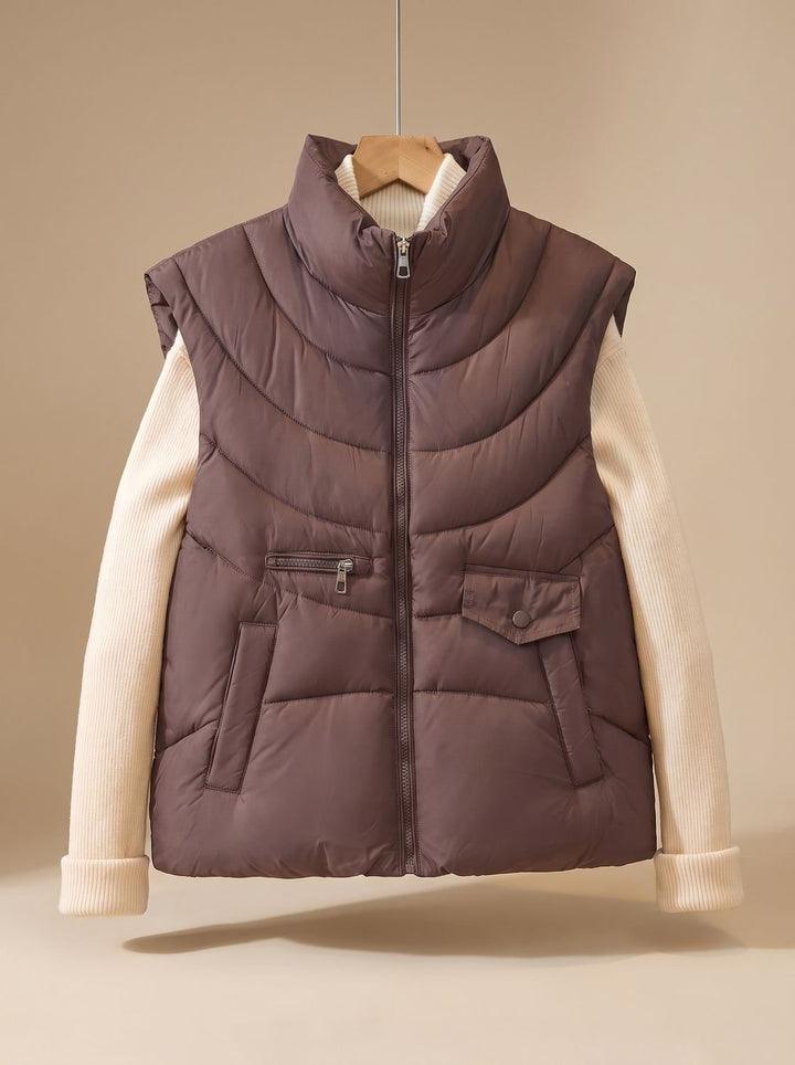 Damen Steppweste Bodywarmer mit Stehkragen und Multifunktionstaschen - Braun