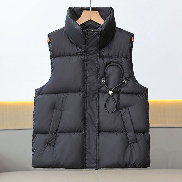 Damen Steppweste Bodywarmer Stehkragen Kordelapplikation Kurzschnitt - Schwarz