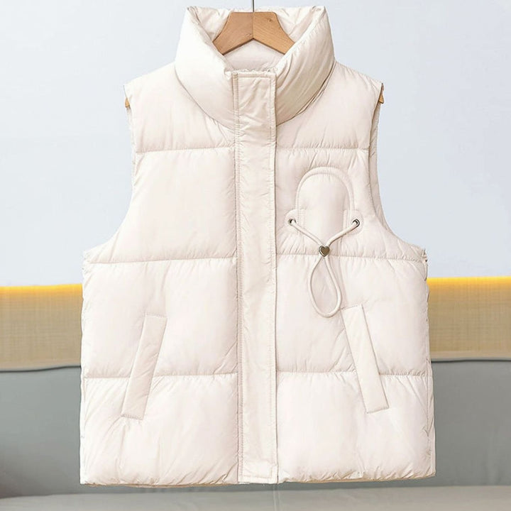 Damen Steppweste Bodywarmer Stehkragen Kordelapplikation Kurzschnitt - Milchtee