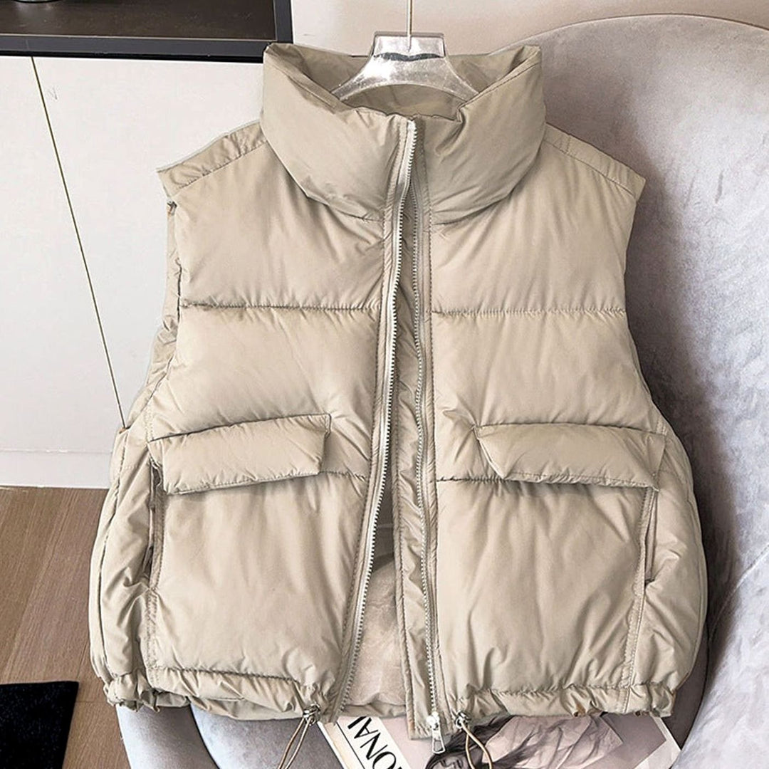 Damen Steppweste Bodywarmer Stehkragen Kordelzug Boxy-Schnitt - Khaki