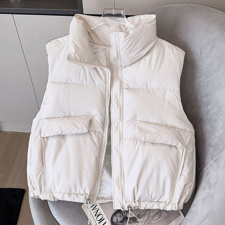 Damen Steppweste Bodywarmer Stehkragen Kordelzug Boxy-Schnitt - Offwhite