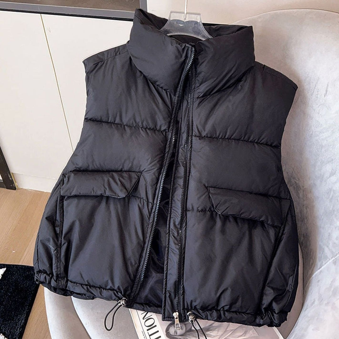 Damen Steppweste Bodywarmer Stehkragen Kordelzug Boxy-Schnitt - Schwarz