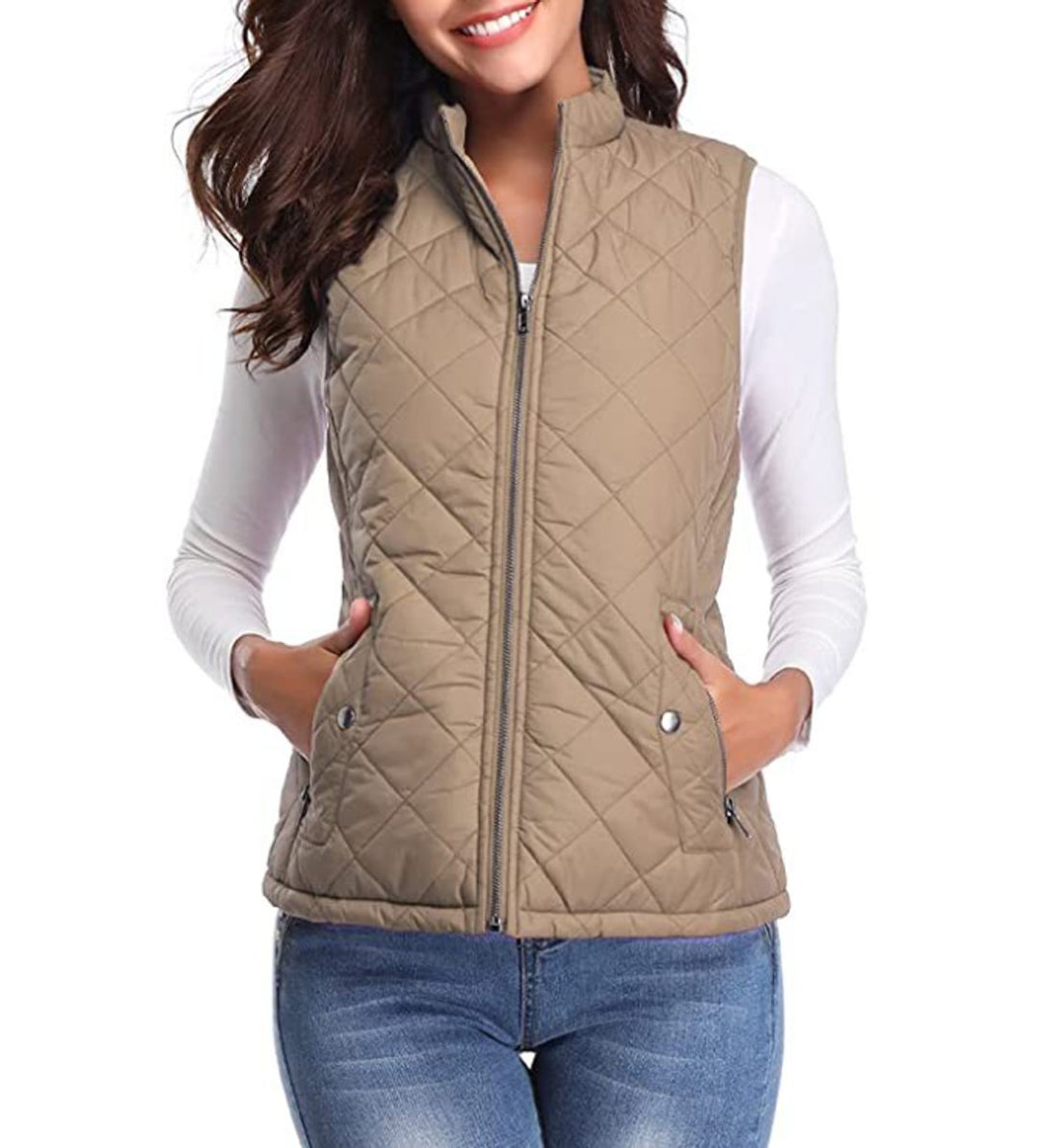 Damen Steppweste leicht gefütterte Puffer Vest Women mit Reißverschluss - Hellkaffee