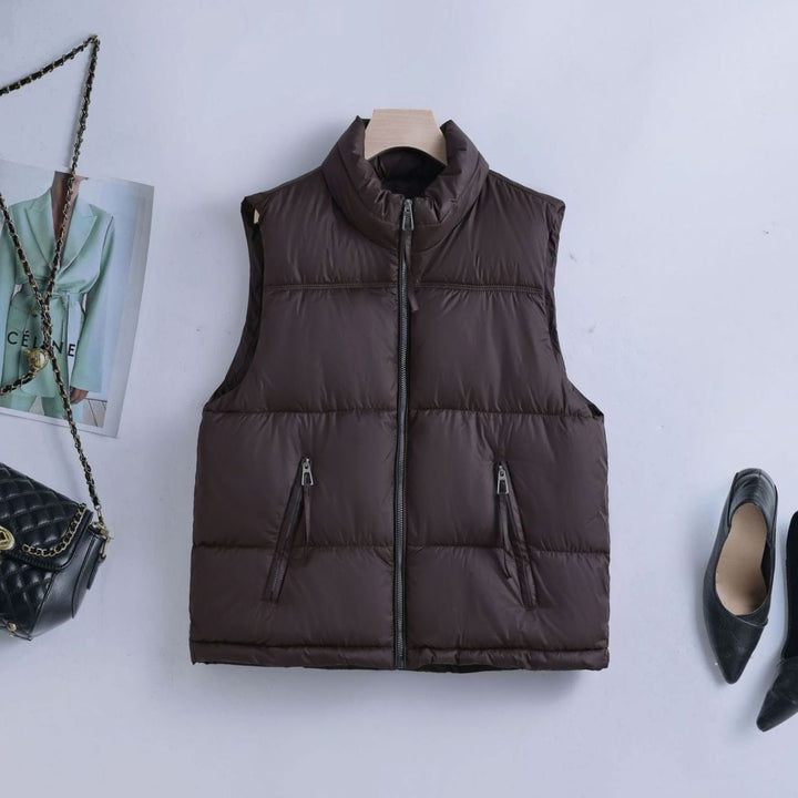 Damen Steppweste mit hohem Stehkragen Bodywarmer Reißverschluss - Braun