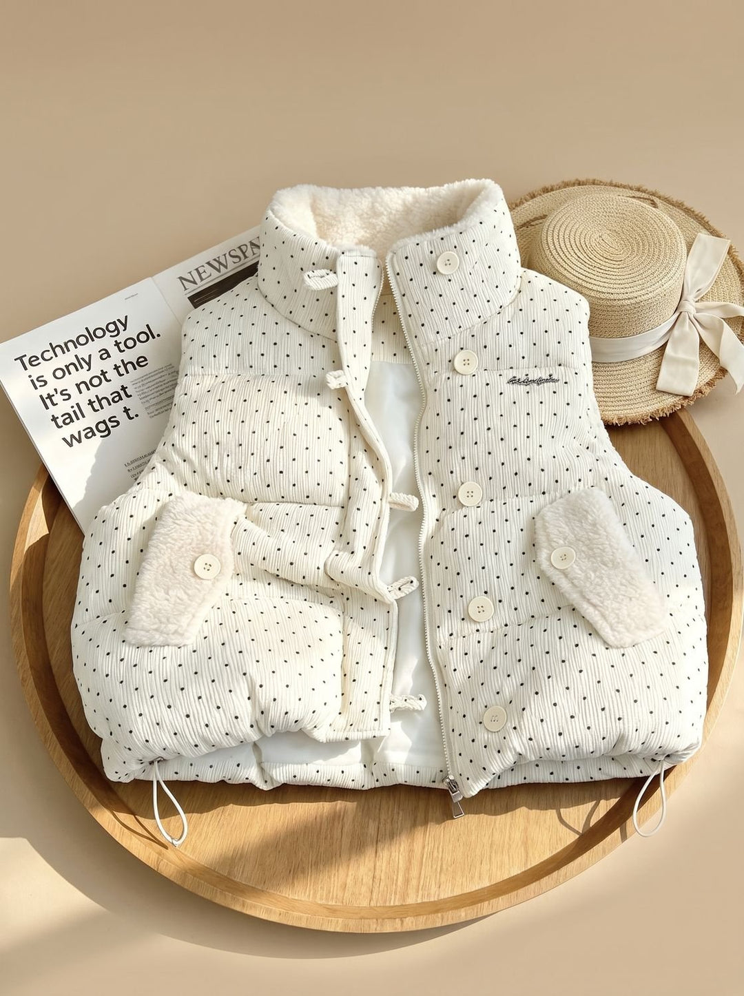 Damen Steppweste mit Teddyfutter Stehkragen Punkte Bodywarmer - Weiß