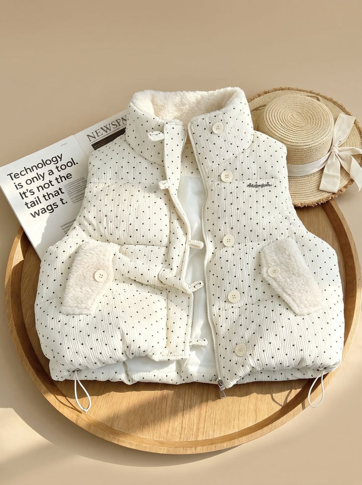 Damen Steppweste mit Teddyfutter Stehkragen Punkte Bodywarmer - Weiß