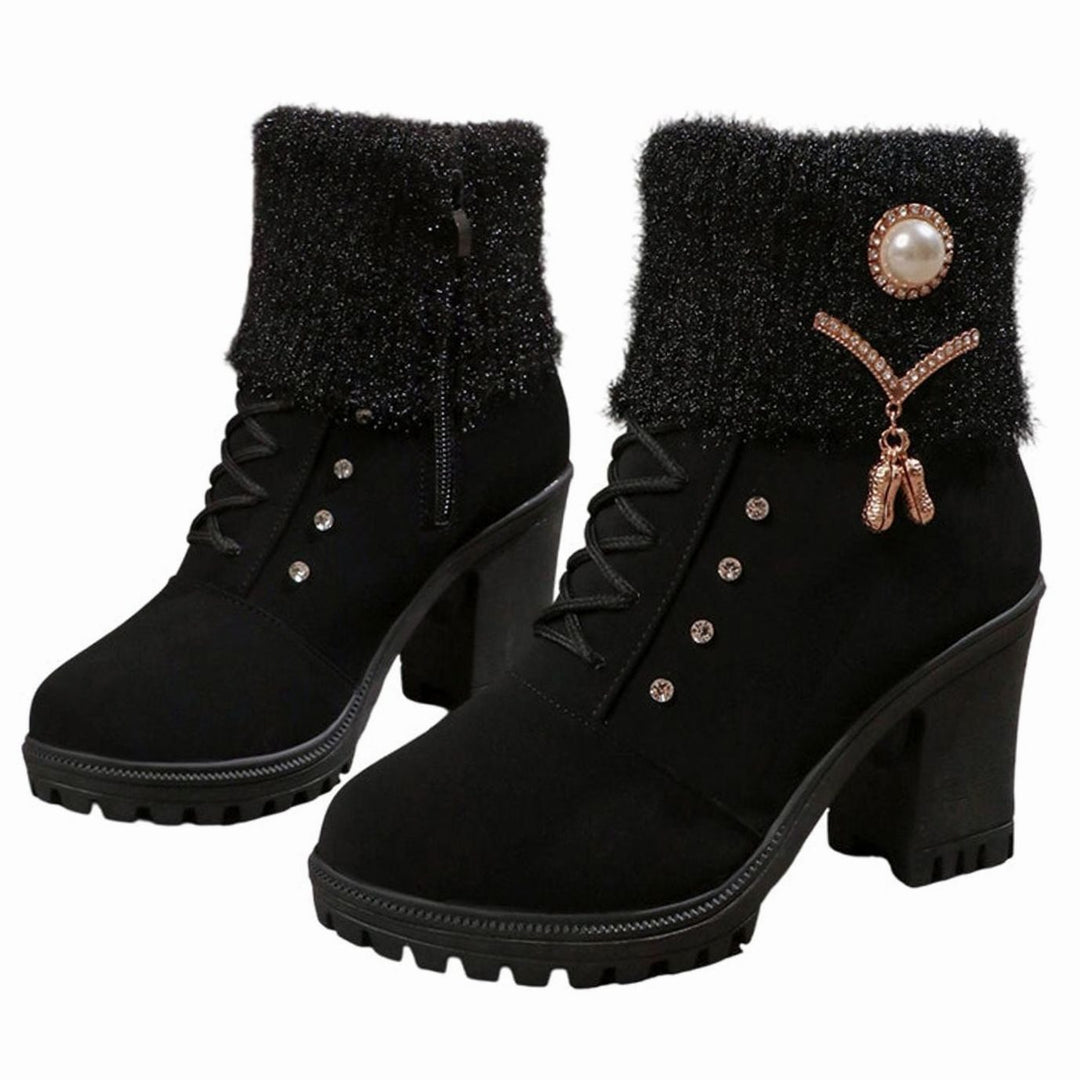 Damen Stiefel damen Chunky-Heel Winterstiefel mit Fellbesatz - Schwarz