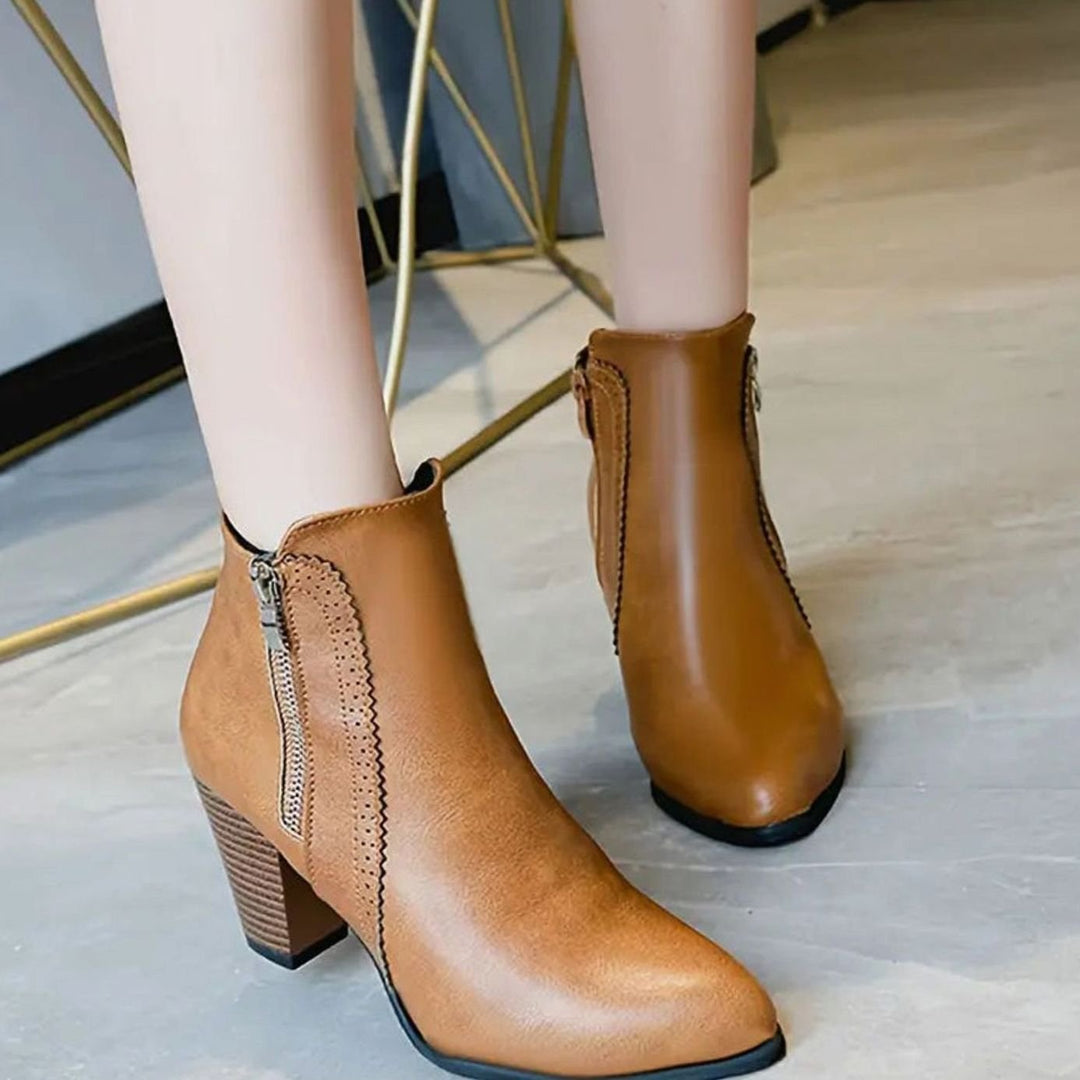 Damen Stiefeletten Blockabsatz Kunstleder Spitze Reißverschluss - Hellbraun