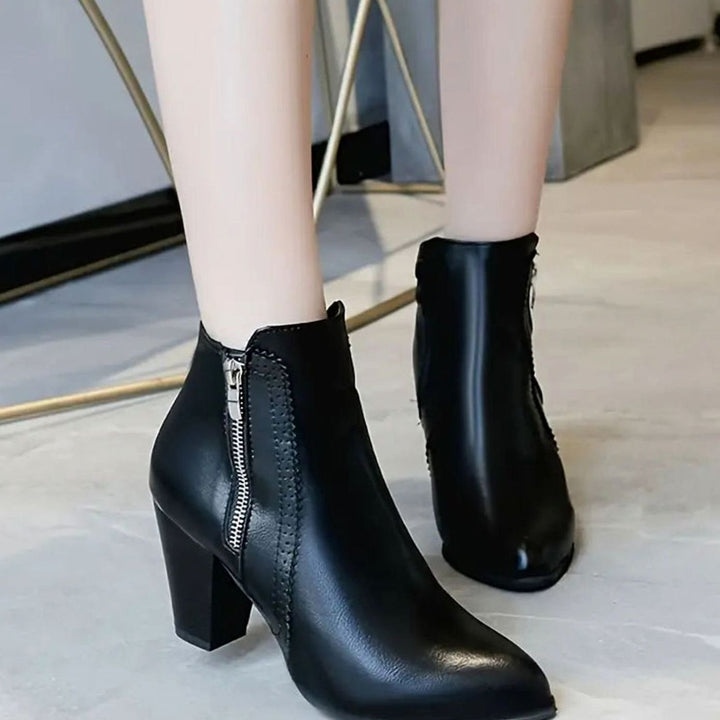 Damen Stiefeletten Blockabsatz Kunstleder Spitze Reißverschluss - Schwarz