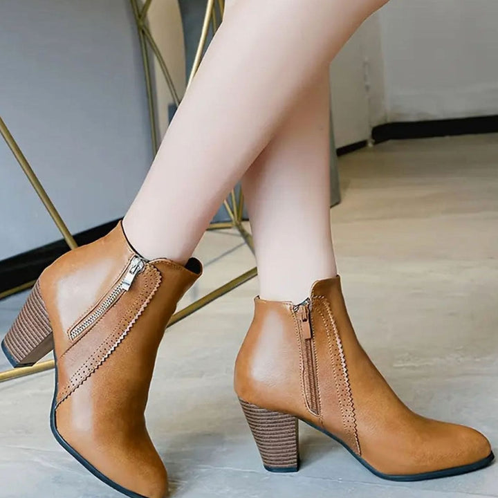 Damen Stiefeletten Blockabsatz Kunstleder Spitze Reißverschluss