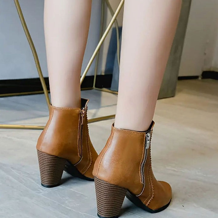 Damen Stiefeletten Blockabsatz Kunstleder Spitze Reißverschluss