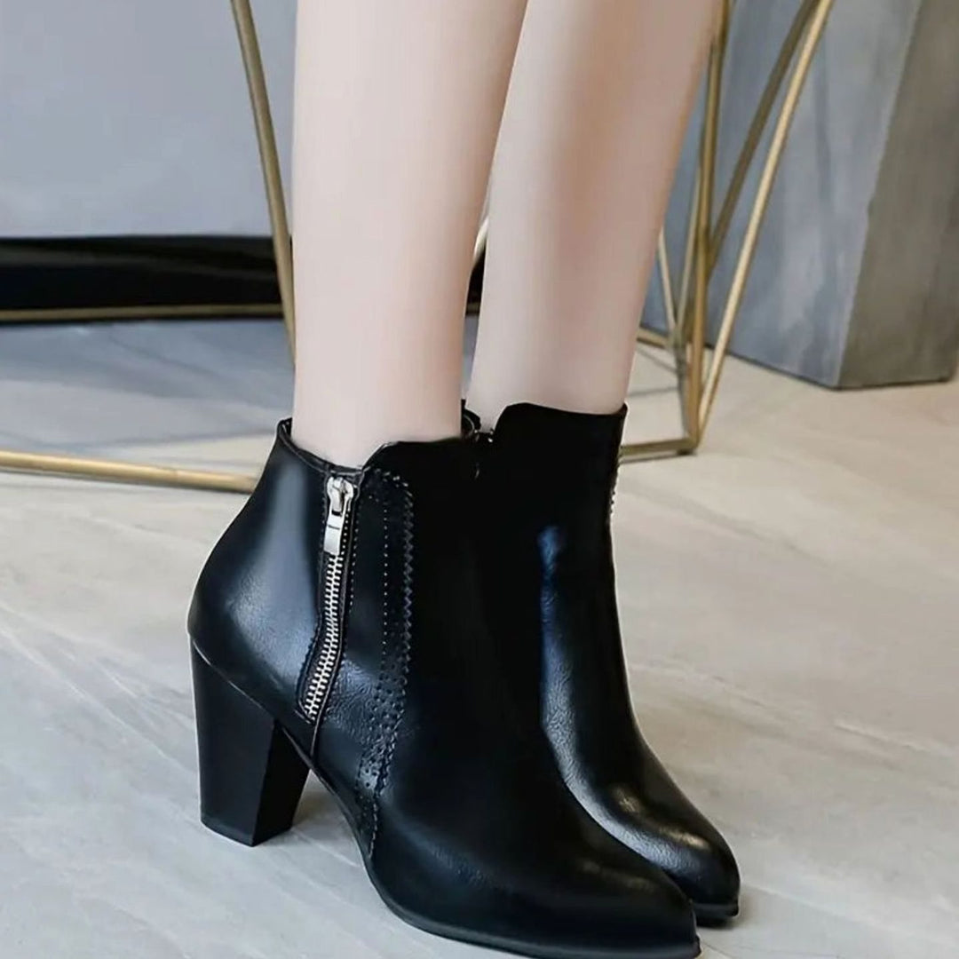 Damen Stiefeletten Blockabsatz Kunstleder Spitze Reißverschluss