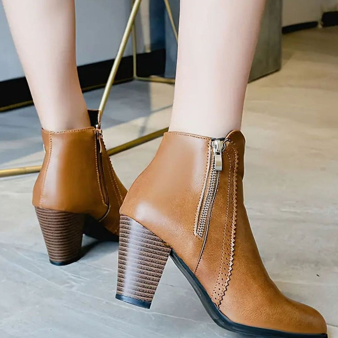 Damen Stiefeletten Blockabsatz Kunstleder Spitze Reißverschluss