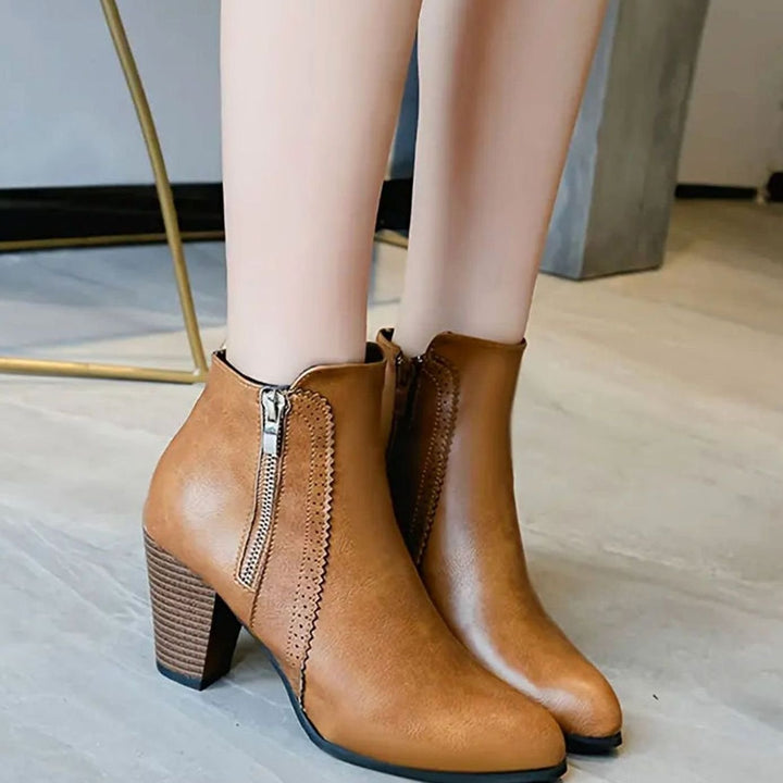 Damen Stiefeletten Blockabsatz Kunstleder Spitze Reißverschluss